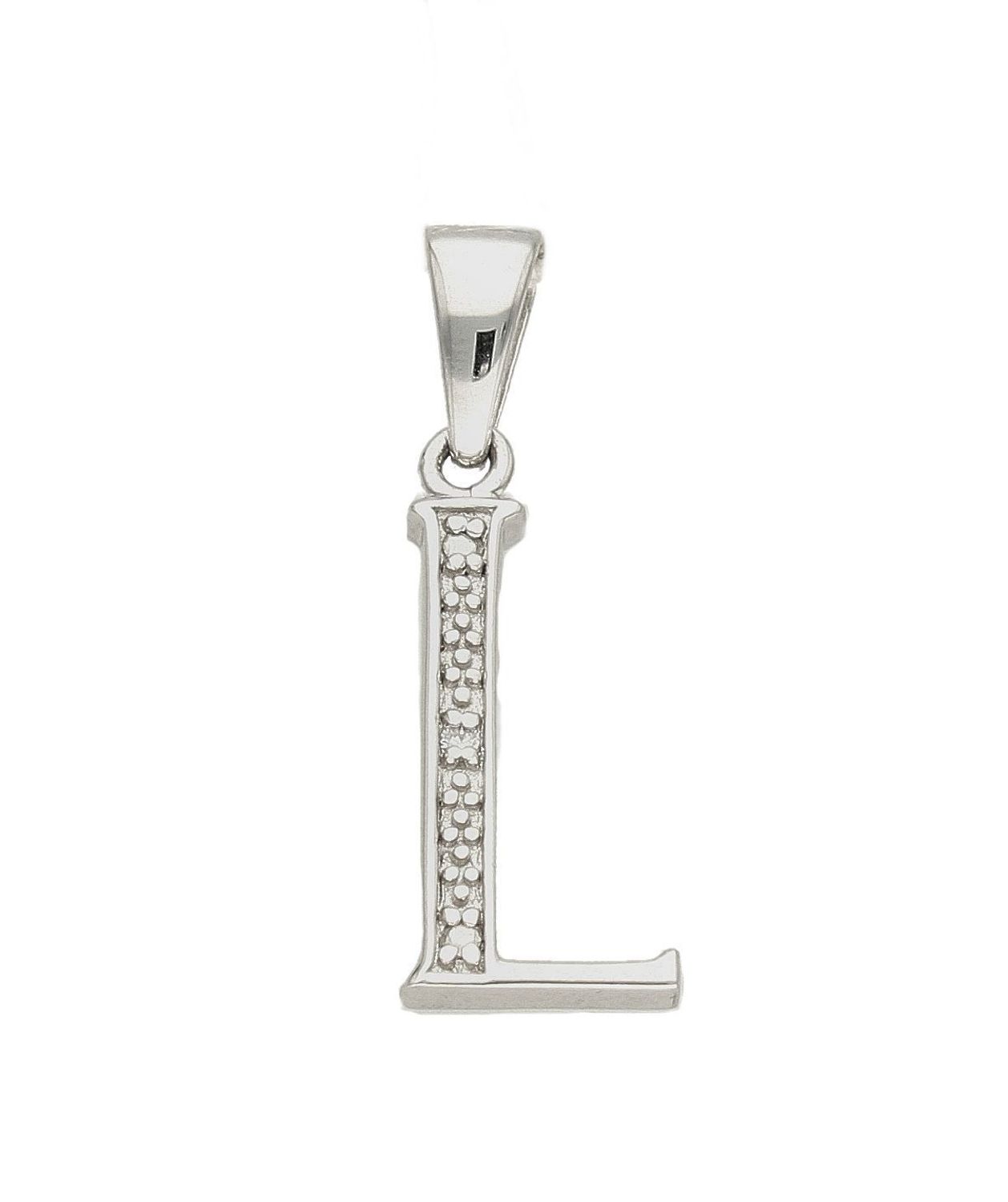 Srebrna zawieszka Literka L z cyrkonią AP17-0214 L. Jedyna w swoim rodzaju srebrna zawieszka w kształcie literki L ozdobiona cyrkoniami. Wisiorek został wykonany z wysokiej jakości srebra próby 925.jpg